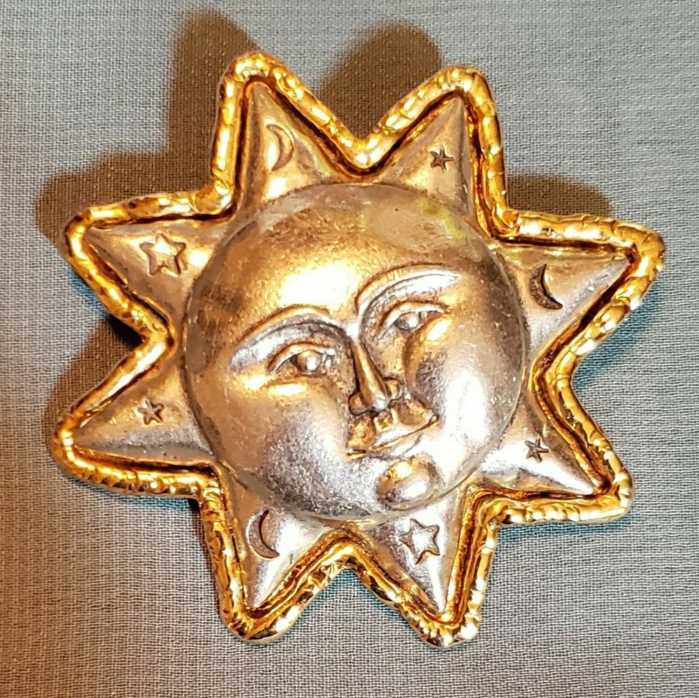 VTG Mixed Metal Sun & Celestial Brooch Signed JJ